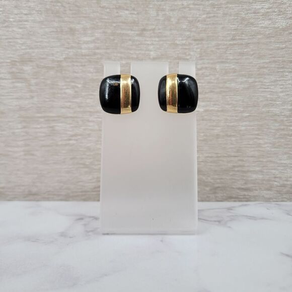 Sarah Coventry Earrings Vintage 80s Black Enamel and Gold Toned Square Clip On - Picture 1 of 6